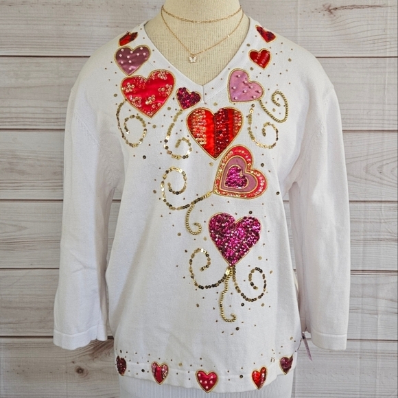 Vintage Terazzo Beaded and Embroidered Valentine's Day Sweater in White Sz Large - Picture 2 of 12